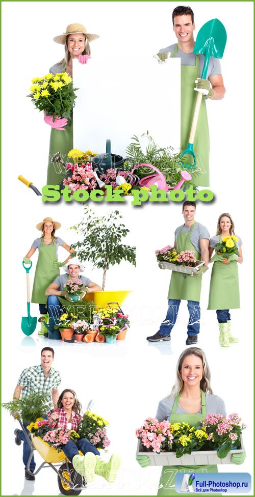  / Gardening, a man and woman with flowers - raster clipart