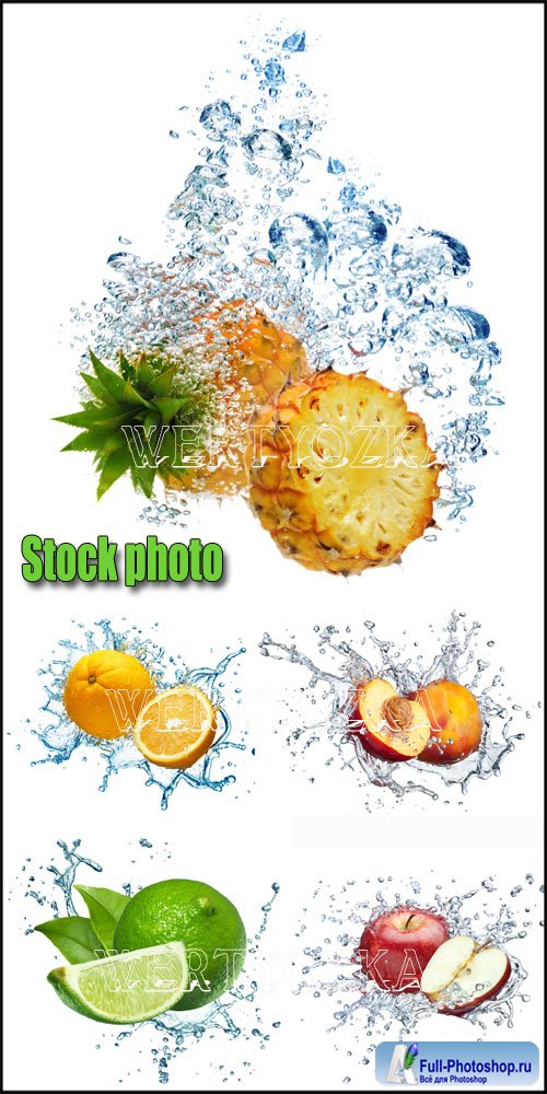   , , ,  / Fruits in water, pineapple, peach, apple - Raster clipart