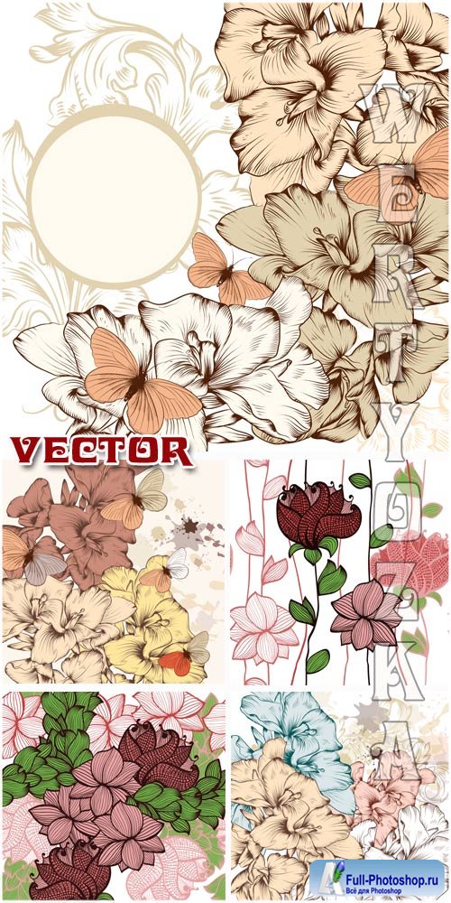      / Backgrounds with flowers and butterflies - Vector clipart