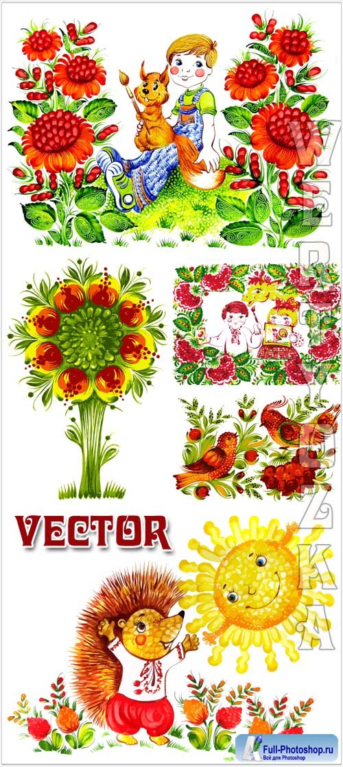        / Children background with bright flowers and birds - Vector clipart