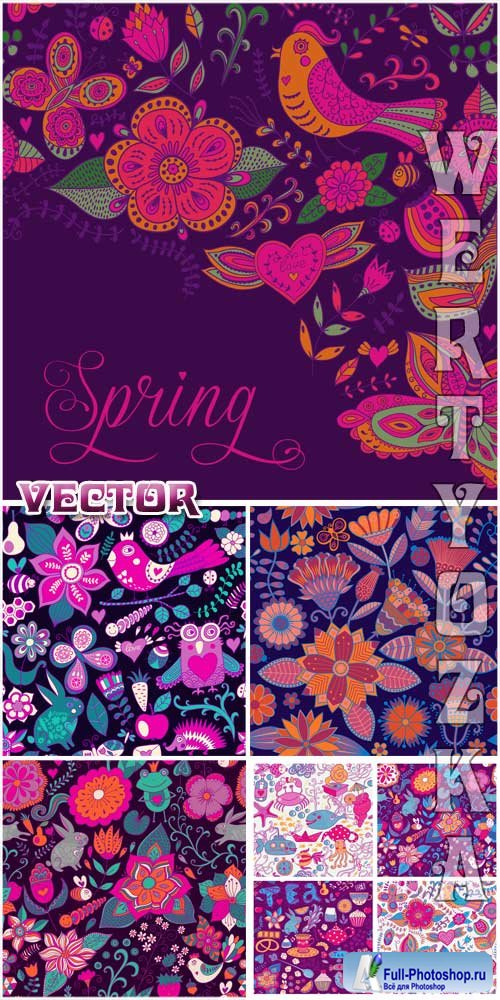        / Vector background with multicolored flowers and birds