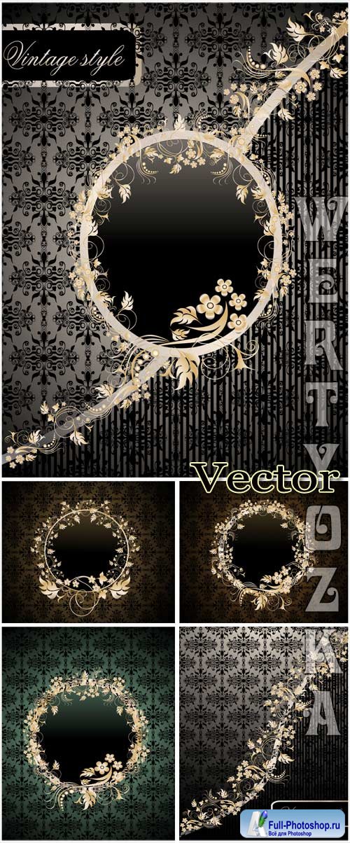        / Dark vector background with gold pattern and decorative flowers