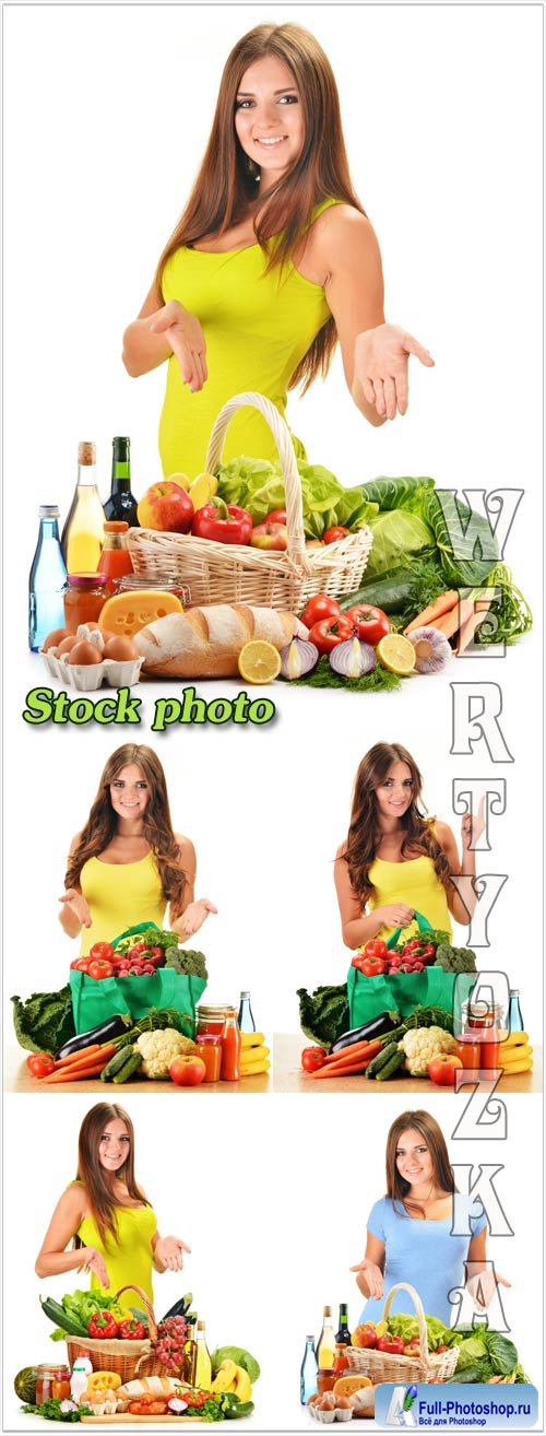    ,   / Girl with a basket of vegetables, food - raster clipart
