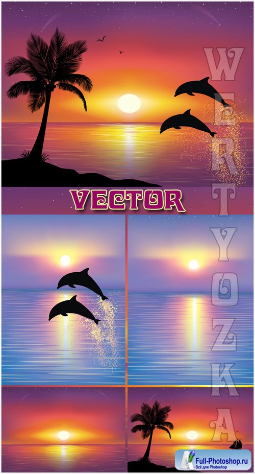     / Seascapes and the dolphins - Vector clipart