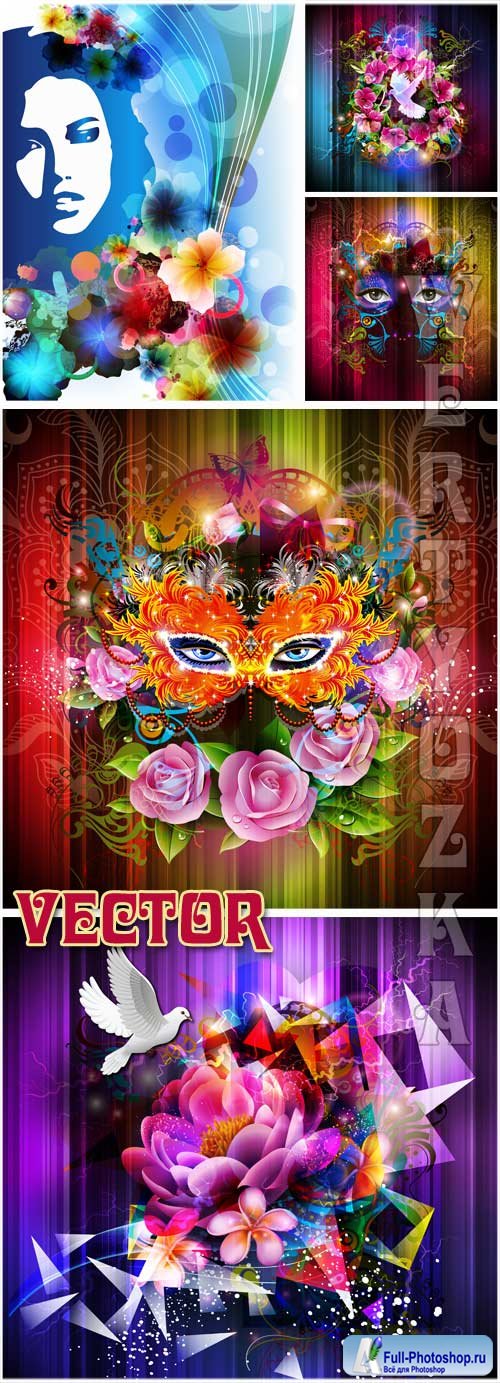   ,      / Background with flowers, a mask and a silhouette of a girl - Vector clipart