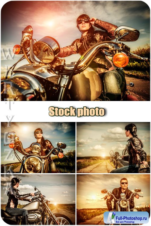   ,   / Girl on a motorcycle, man motorcyclist - Raster clipart
