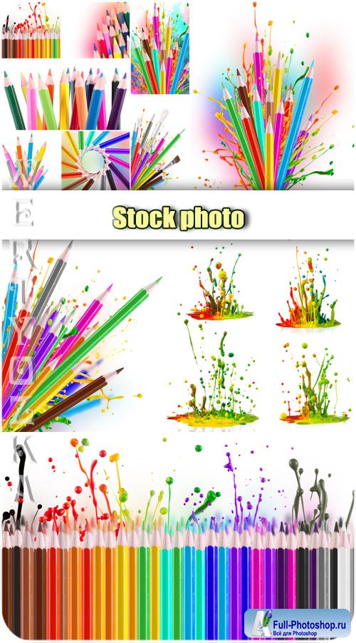  ,    / Colored pencils, splashes paint - Raster clipart