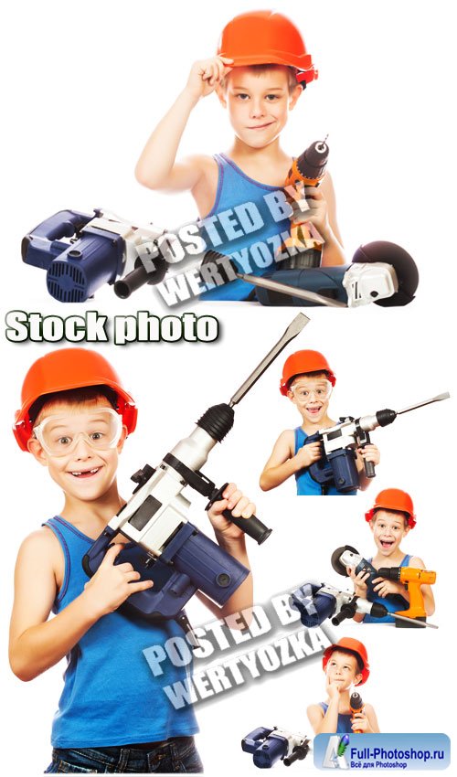 ,    / Builder, a boy with tools - stock photos
