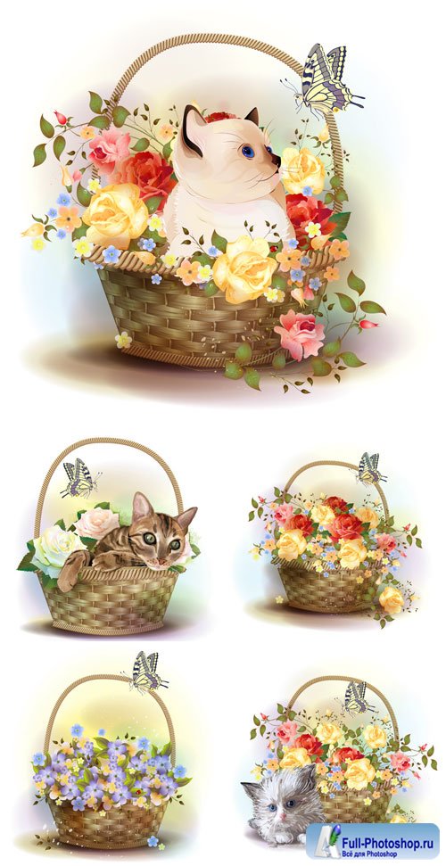     ,  / Baskets of flowers and kittens, vector
