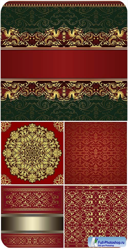        / Red vector background with golden vintage pattern