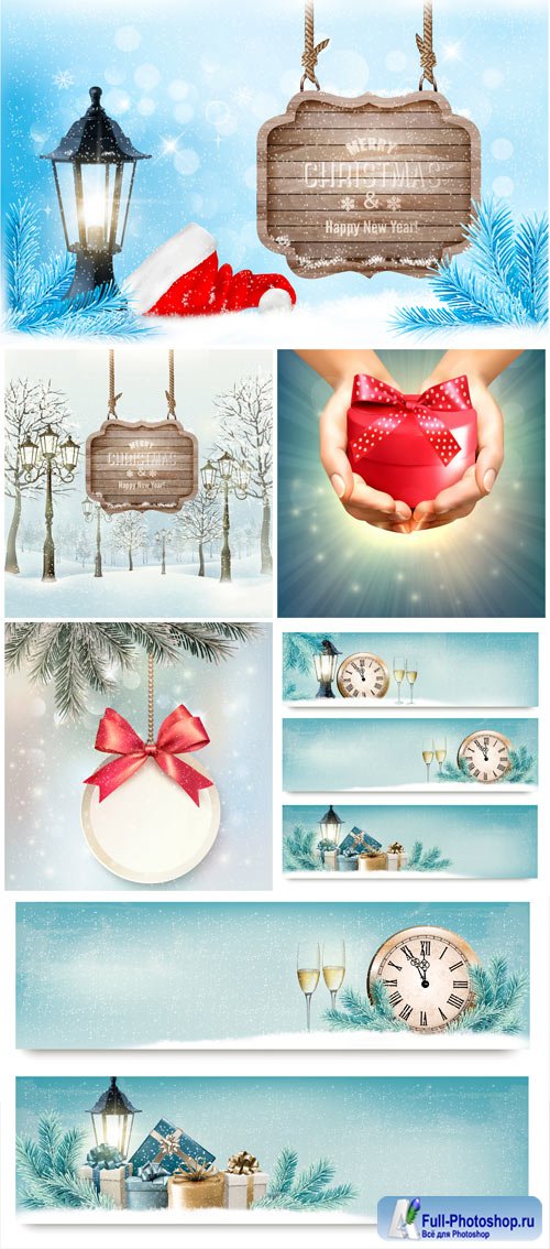 Christmas vector, winter landscape, banners with chimes and champagne