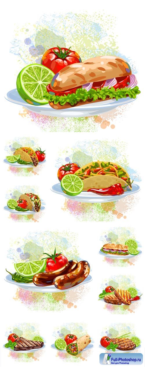Food with meat and vegetables, vector