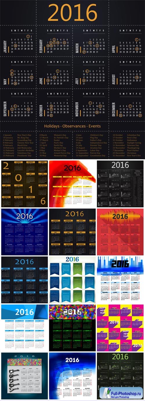 Vector calendar 2016 with dates of holidays