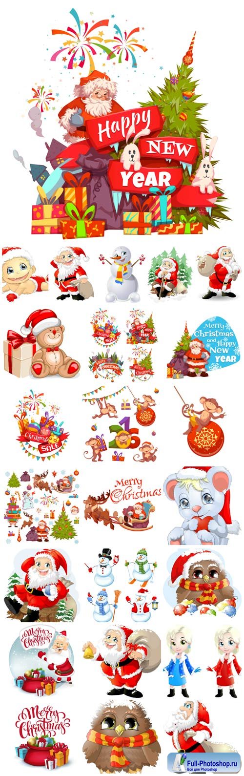 Merry Christmas, New Year vector, Santa Claus, Christmas tree, garland, winter