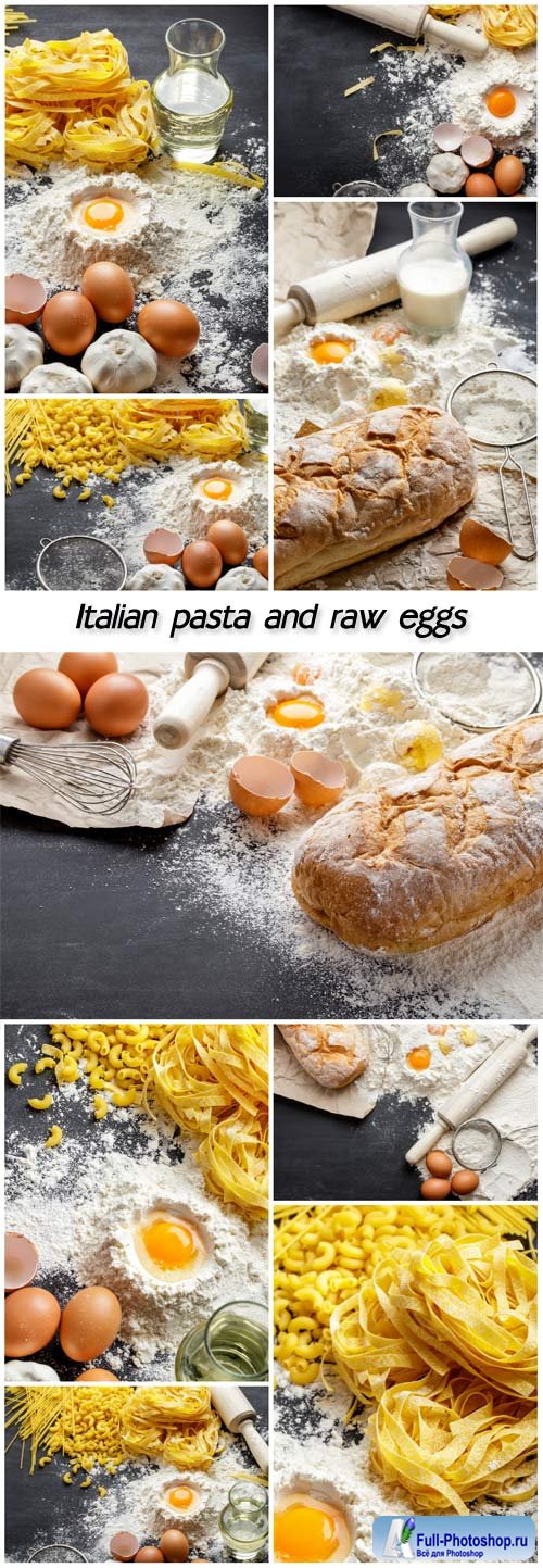Portrait of raw homemade italian pasta and raw yolk in flour
