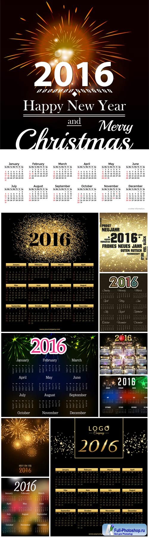 Calendar 2016 on a black background