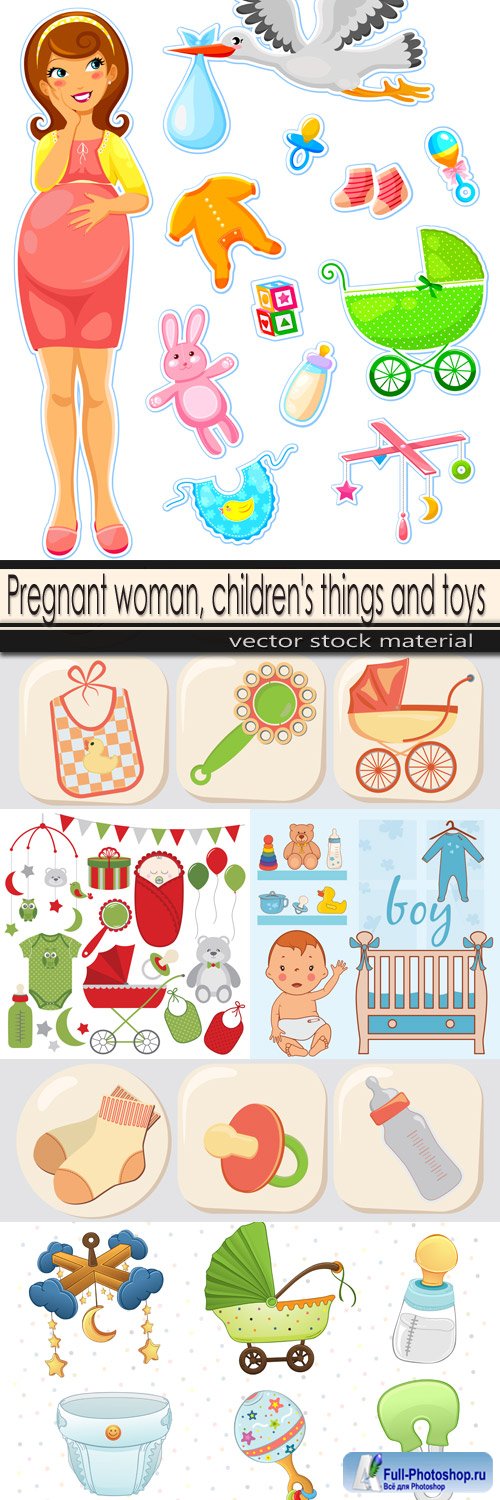 Pregnant woman, children's things and toys