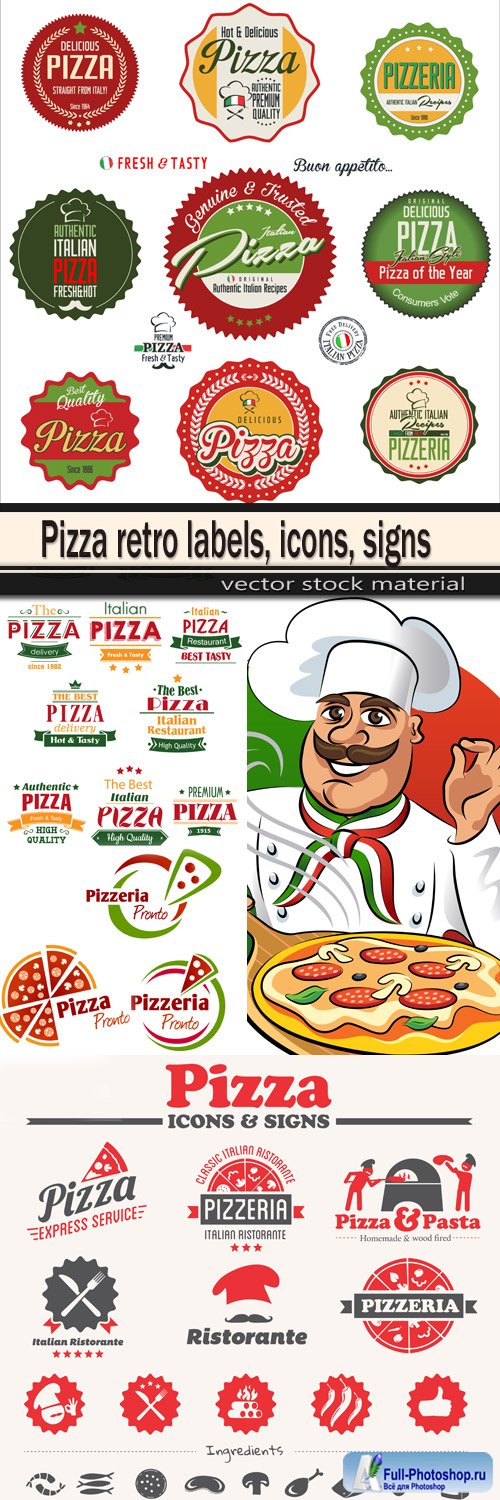 Pizza retro labels, icons, signs