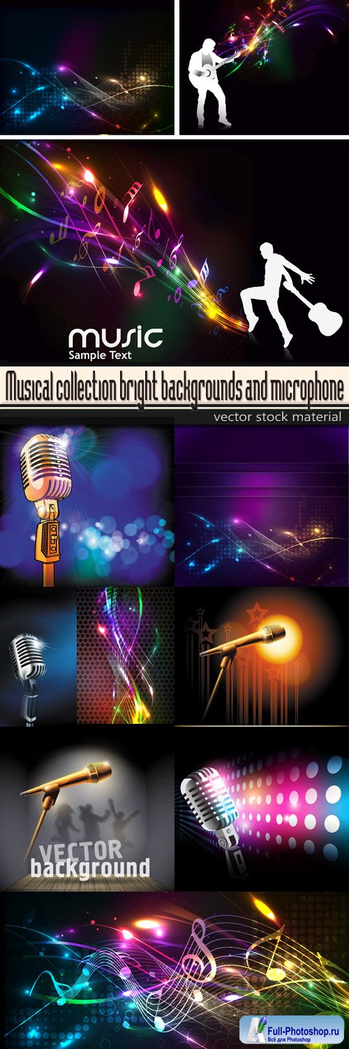 Musical collection bright backgrounds and microphone