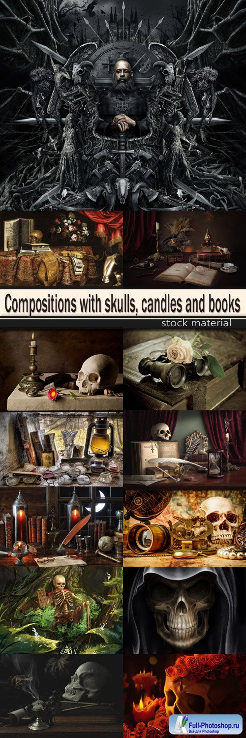Compositions with skulls, candles and books