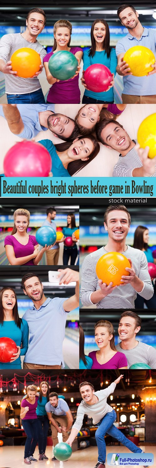 Beautiful couples bright spheres before game in Bowling