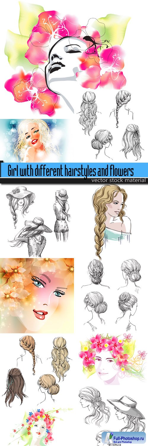 Girl with different hairstyles and flowers