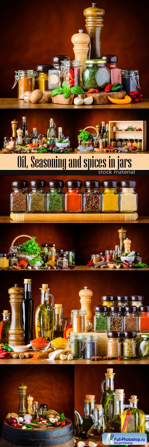 Oil, Seasoning and spices in jars
