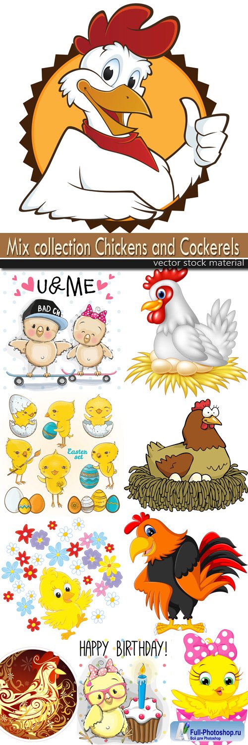 Mix collection vector illustrations chickens and cockerels