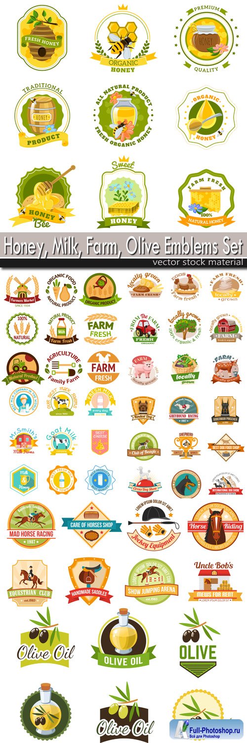 Honey, Milk, Farm, Olive Emblems Set