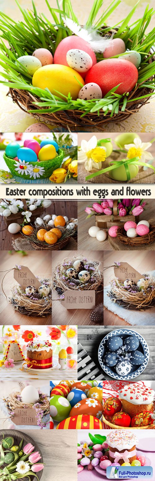 Easter compositions with eggs and flowers