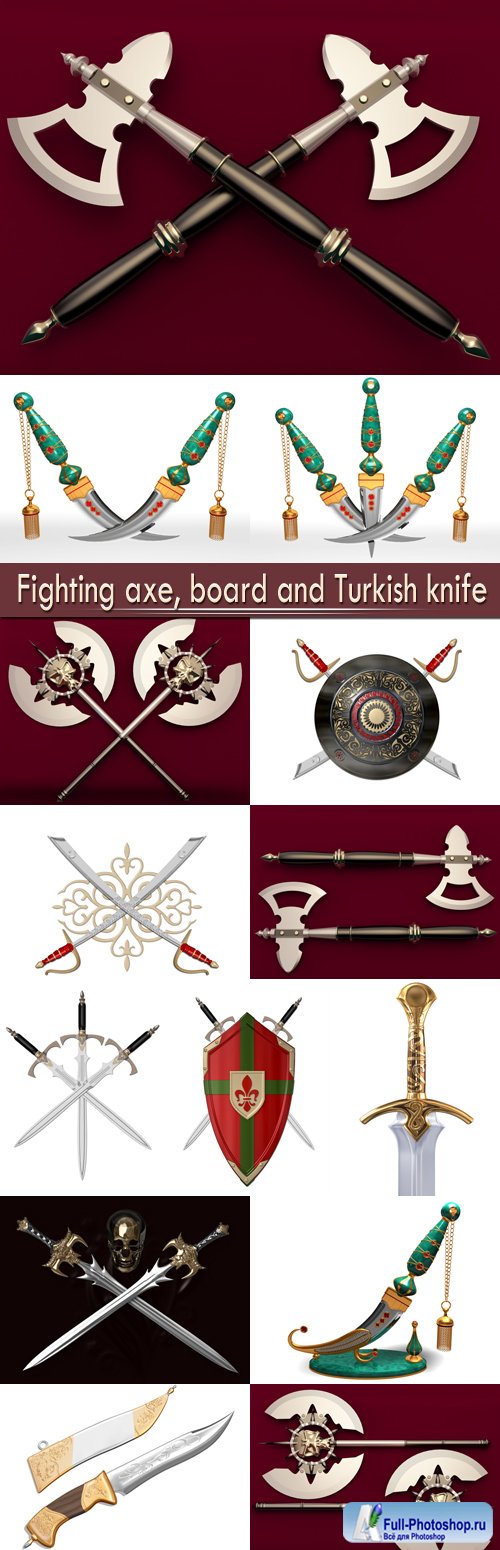 Fighting axe, board and Turkish knife