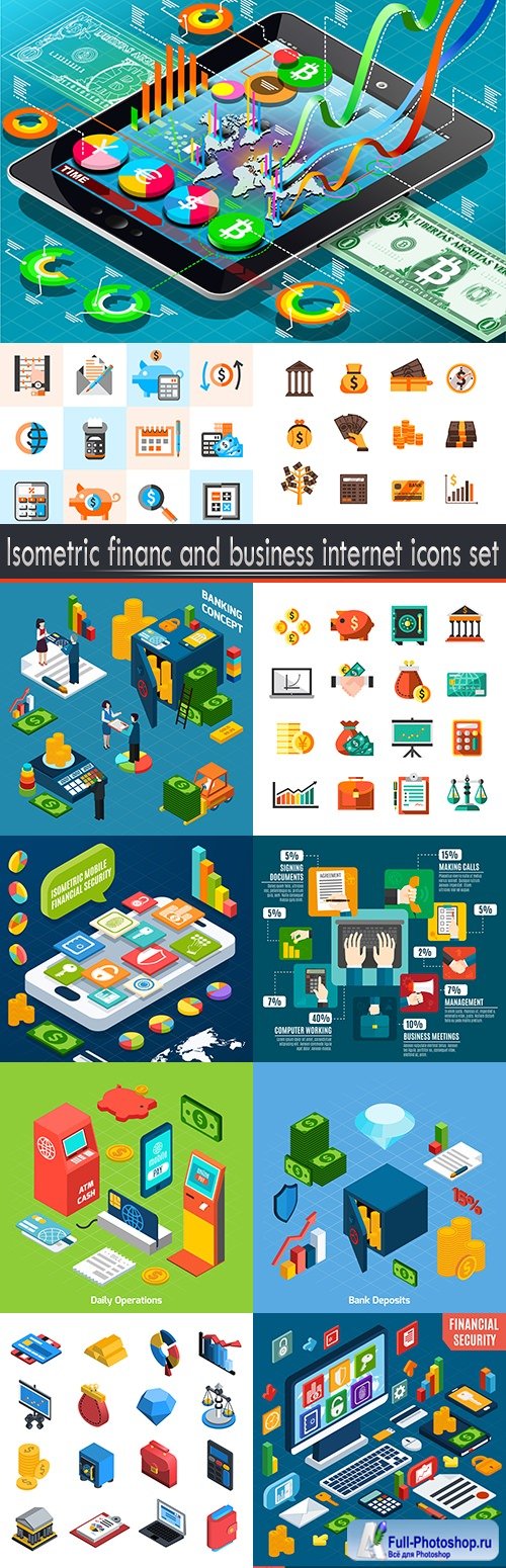 Isometric financ and business internet icons set