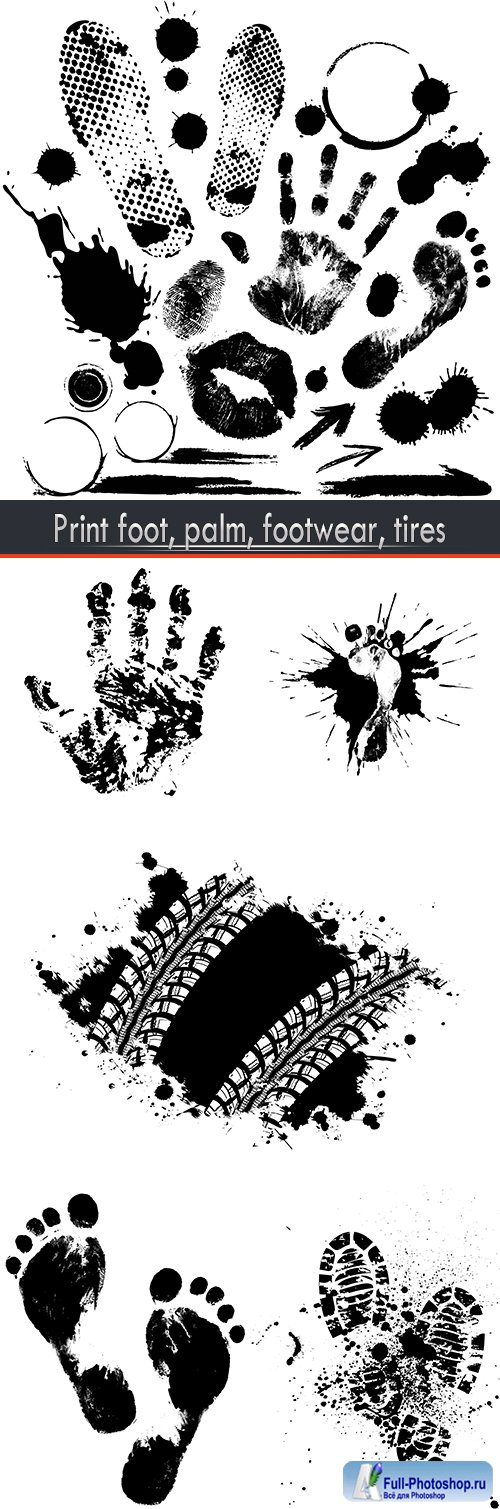 Print foot, palm, footwear, tires