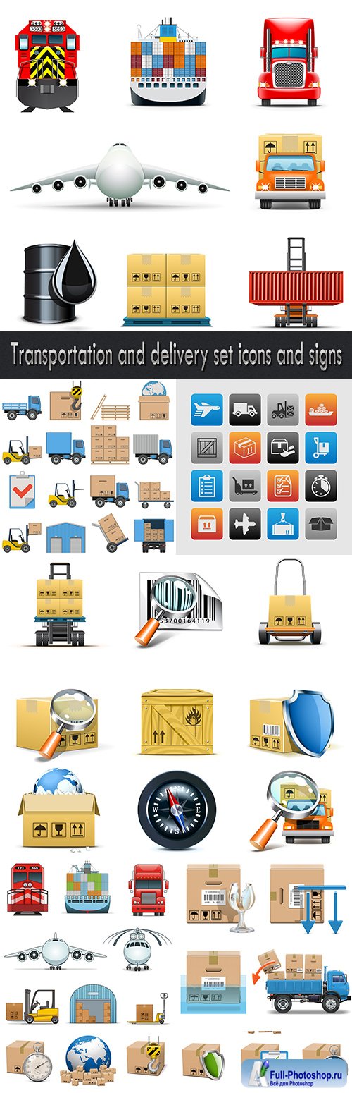 Transportation and delivery set icons and signs