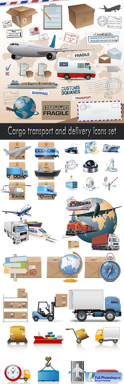 Cargo transport and delivery icons set