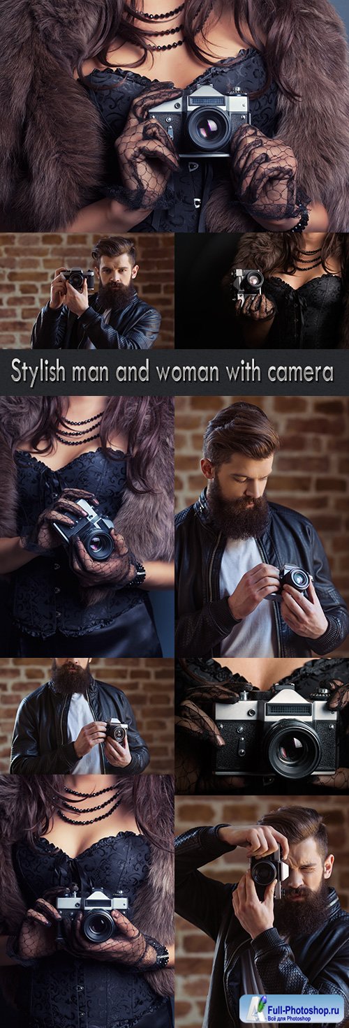 Stylish man and woman with camera