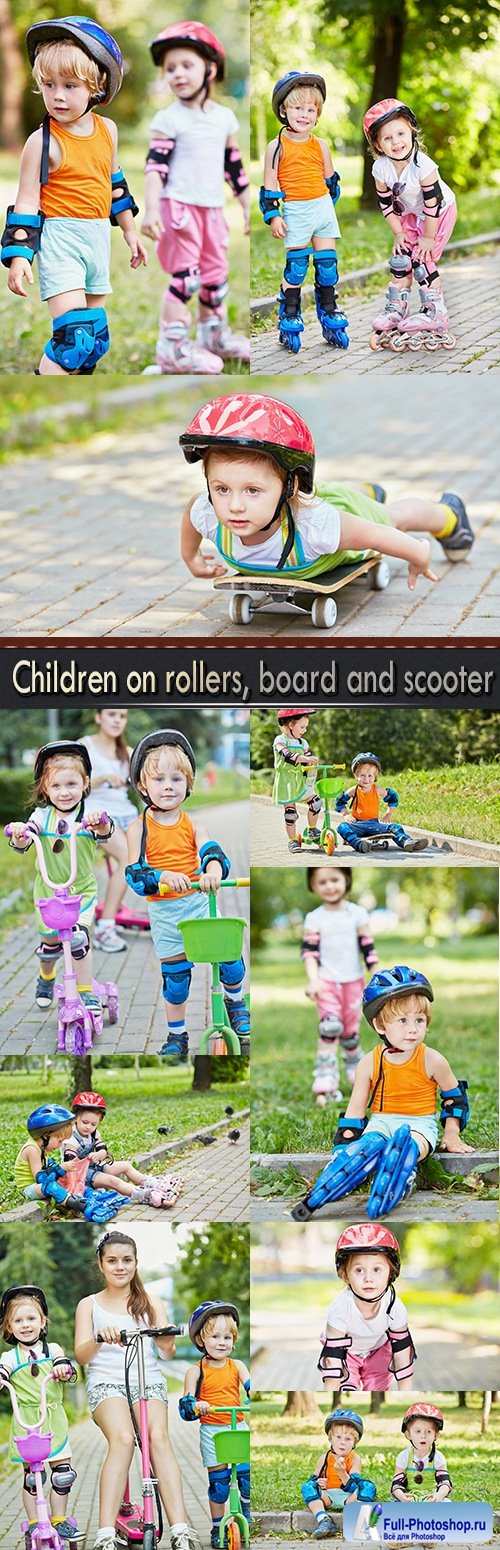 Children on rollers, board and scooter