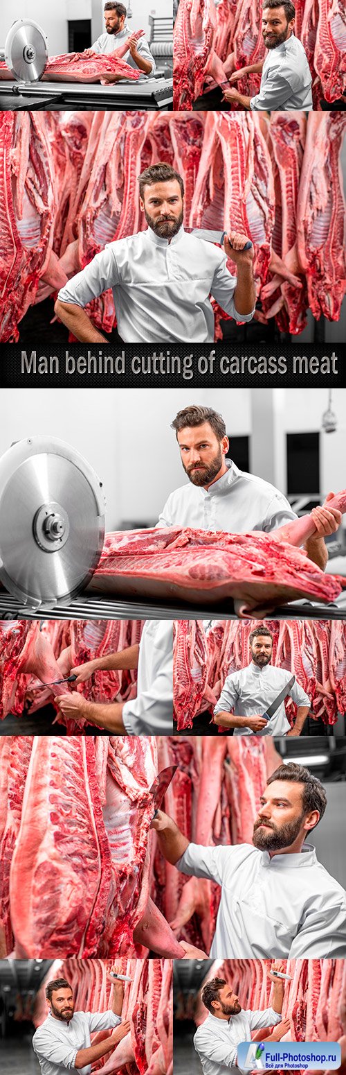 Man behind cutting of carcass meat