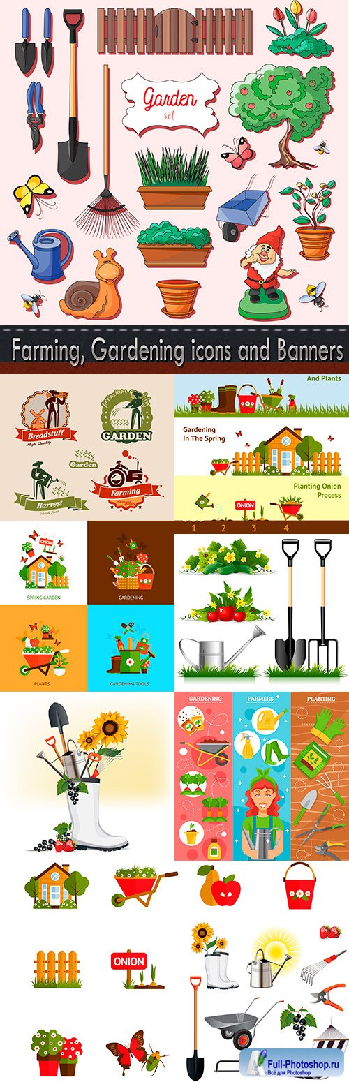 Farming, Gardening icons and Banners set