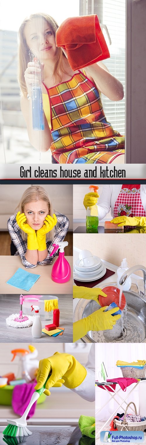 Girl cleans house and kitchen