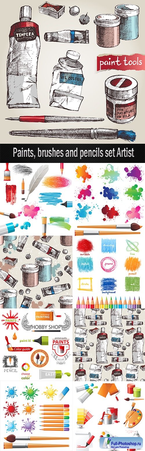 Paints, brushes and pencils set Artist
