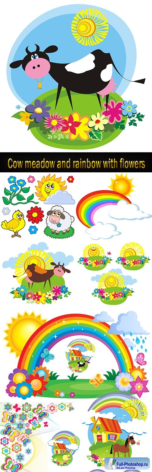 Cow meadow and rainbow with flowers