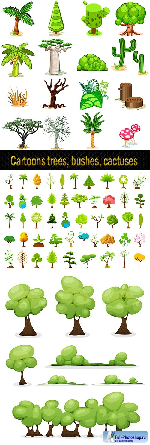 Cartoons trees, bushes, cactuses