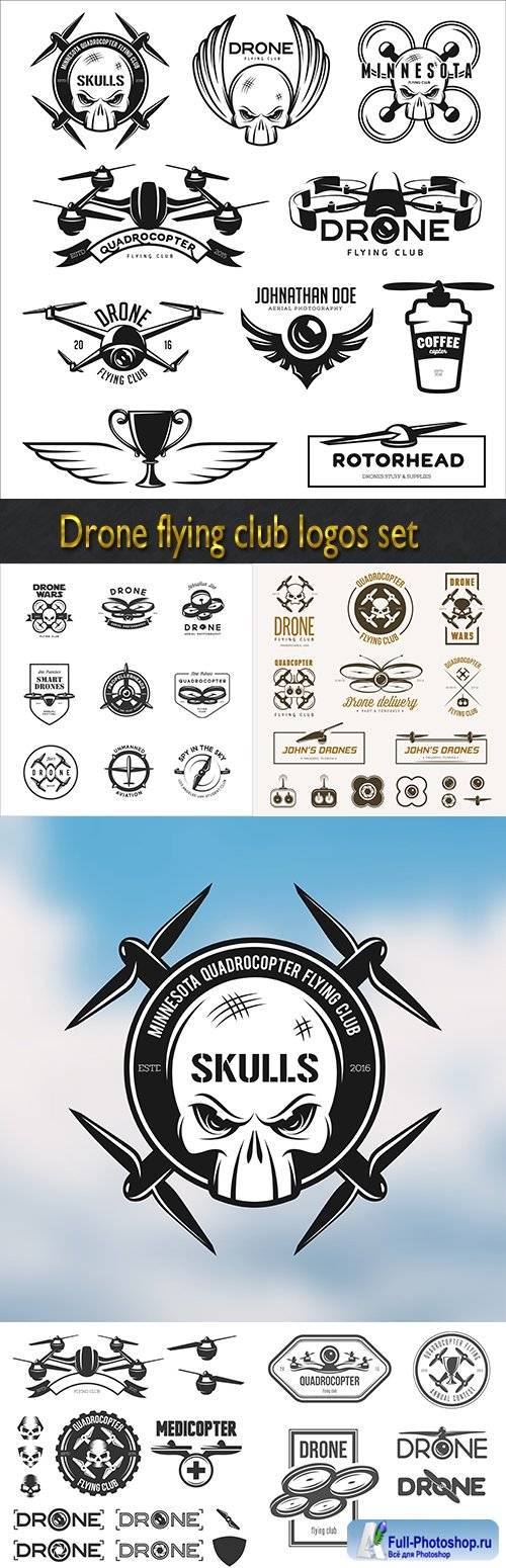 Drone flying club logos set