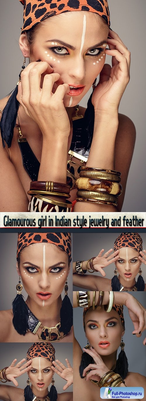Glamourous girl in Indian style jewelry and feather