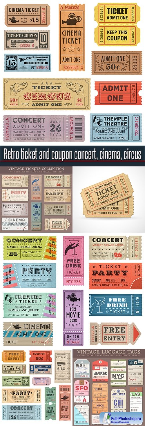 Retro ticket and coupon concert, cinema, circus