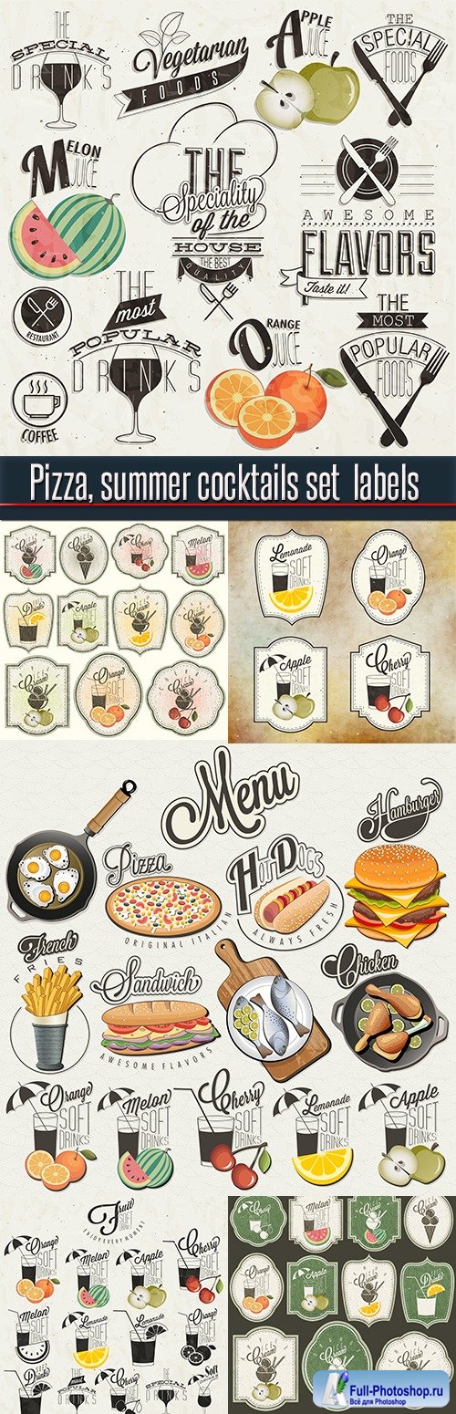 Pizza, summer cocktails set labels