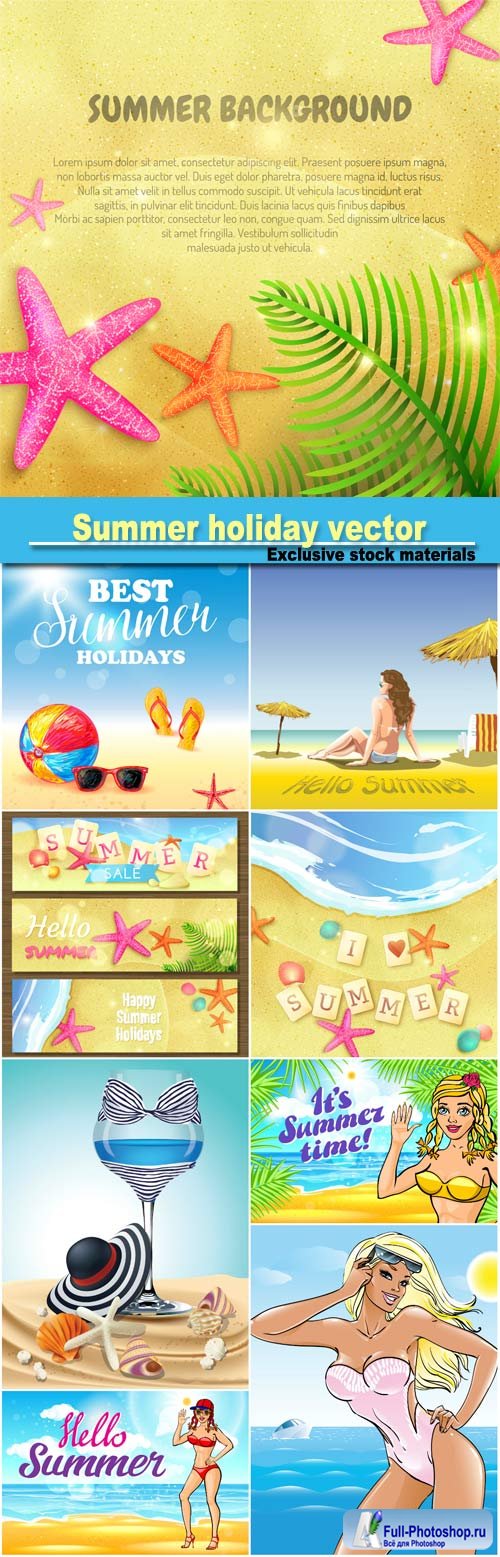 Summer holiday, vector backgrounds, sea and woman in swimsuits