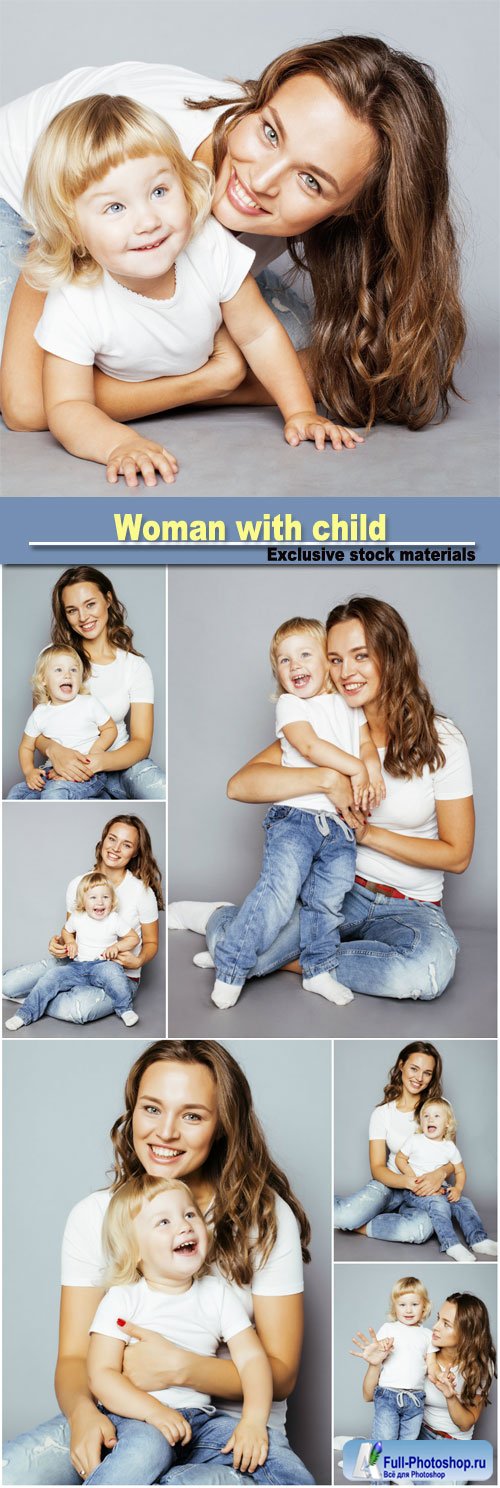 Woman with child in jeans and a white T-shirt