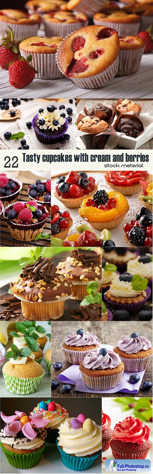 Tasty cupcakes with cream and berries